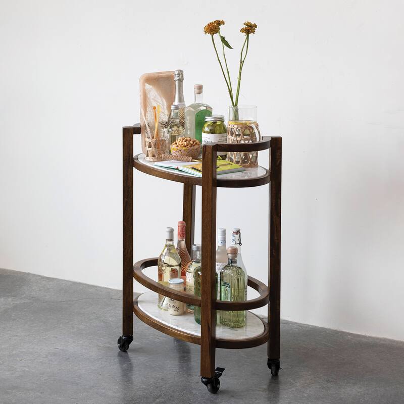 Mango Wood and Marble 2-Tier Bar Cart - 25.5"L x 14.0"W x 33.5"H