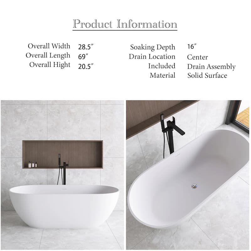 60"/69" Solid Surface Freestanding Bathtub in Matte White with Drain