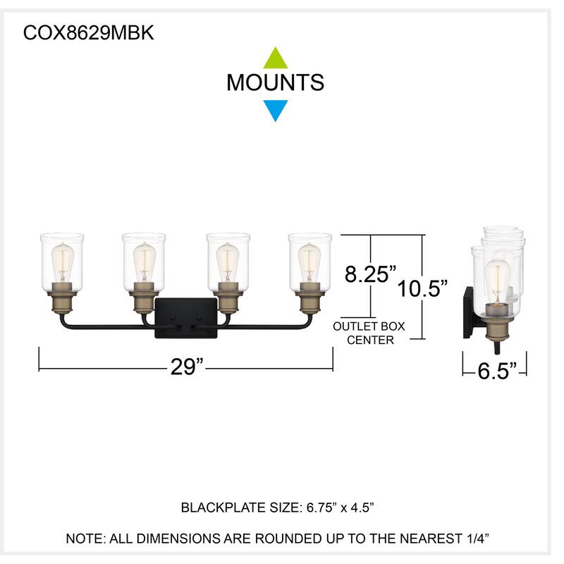 Cox 4-Light Matte Black Bath Light with Warm Brass Accents