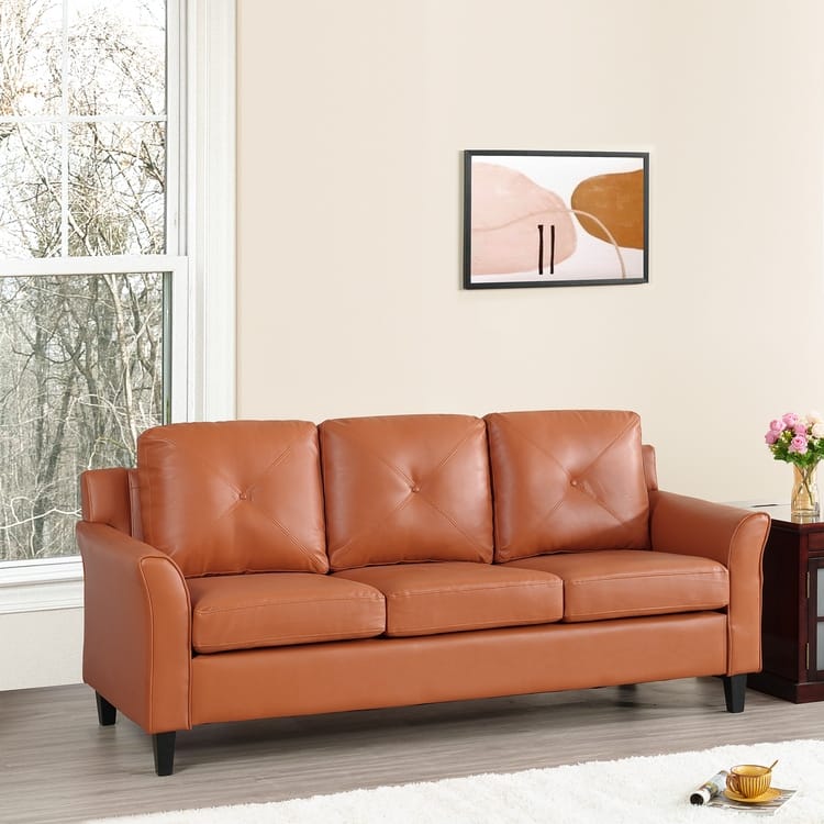 Stylish Sofa Combo: Chesterfield Sofa with Rolled Arms and Button Tufted Flared Arms Microfiber Couch for Small Spaces - Caramel,Air Leather