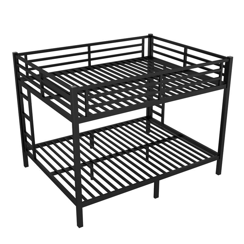 Noise Reduced Design Black Metal Queen Over Queen Bunk Bed Frame for Teens, Adults with Duel Side Ladders and Safety Guardrails