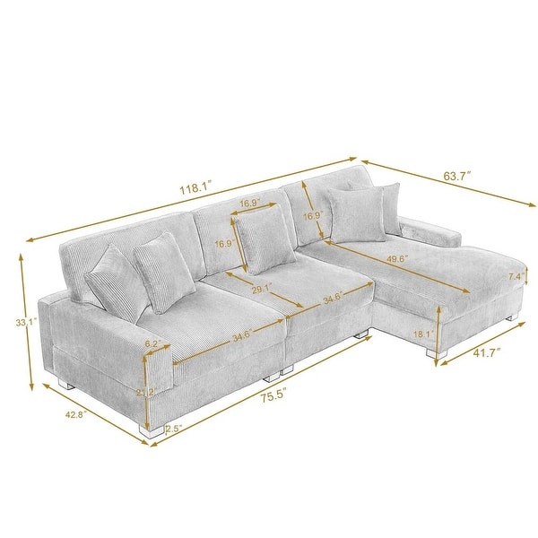 dimension image slide 0 of 4, 118" W Corduroy L-shape Modular Sectional Sofa with Pillows