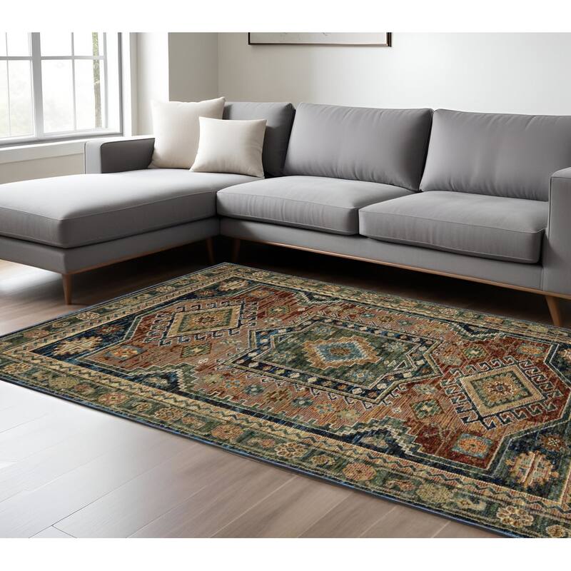 HomeRootsTribal Bohemian Rectangle Area Rug - 145.67' X '102.36' X '0.55 - Blue/Rust/Gray