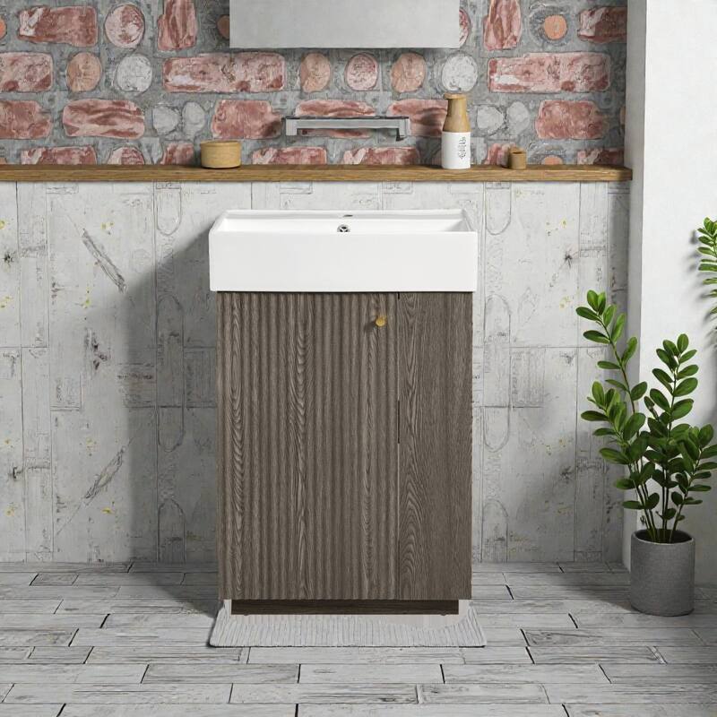 21.6" Bathroom Vanity with Ceramic Sink, Freestanding Left Door Wood Grain Cabinet with Open Storage