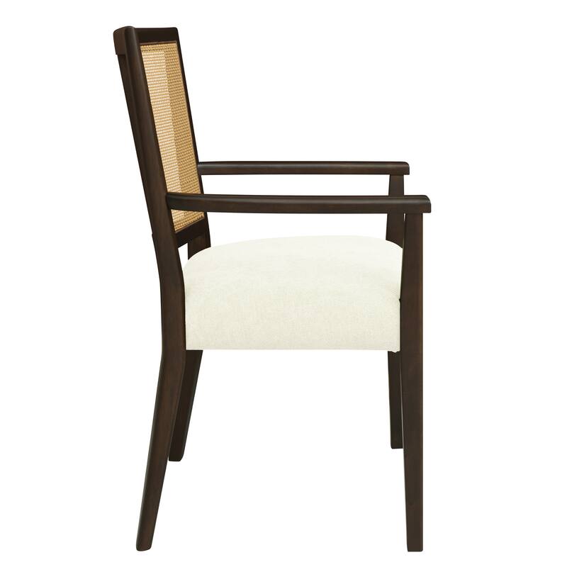 Set of 2 Modern Wooden Arm Dining Chairs with Rattan Backrest, Upholstered Fabric Seat, Rubberwood Frame