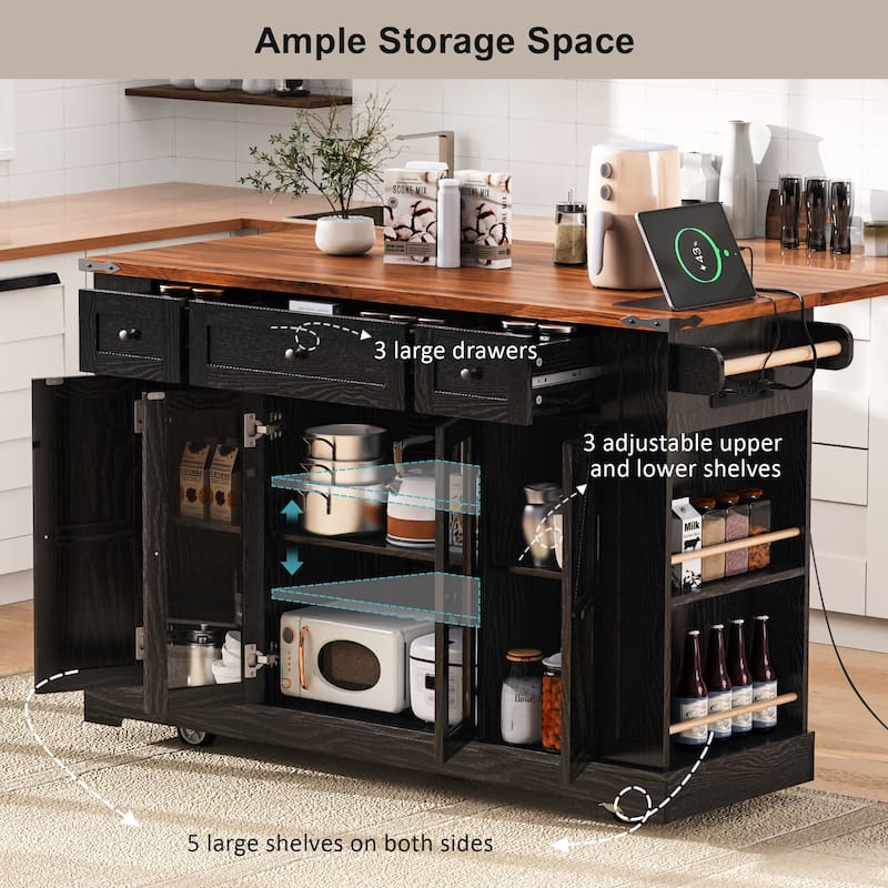 53'' Kitchen Island with Two Tempered Glass Cabinet Doors, Rolling Kitchen Cart on Wheels with Drop Leaf, Power Outlet