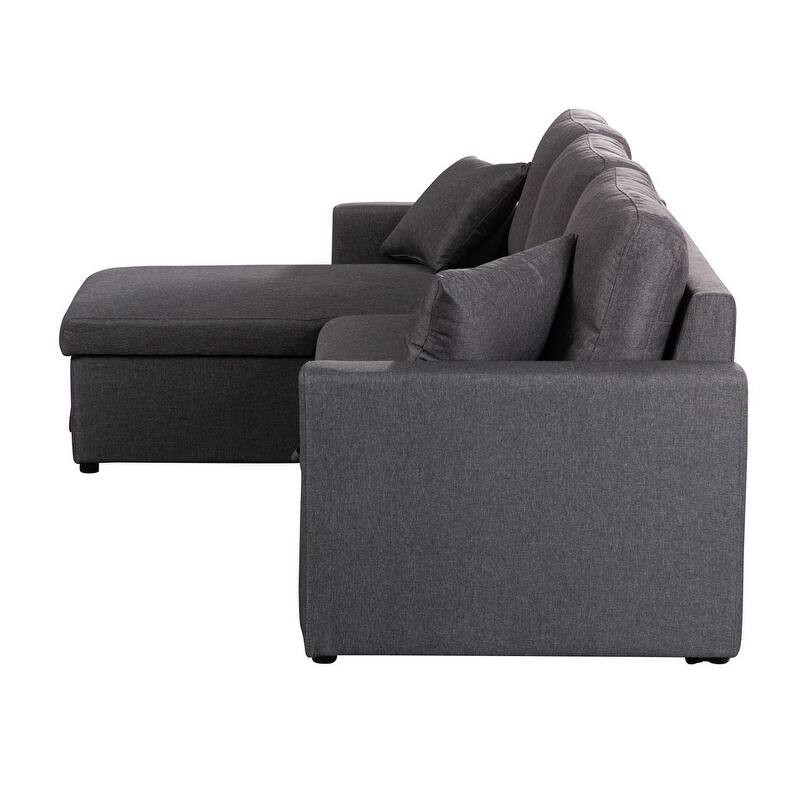 Paisley Linen Fabric Reversible Sleeper Sectional Sofa with Storage Chaise