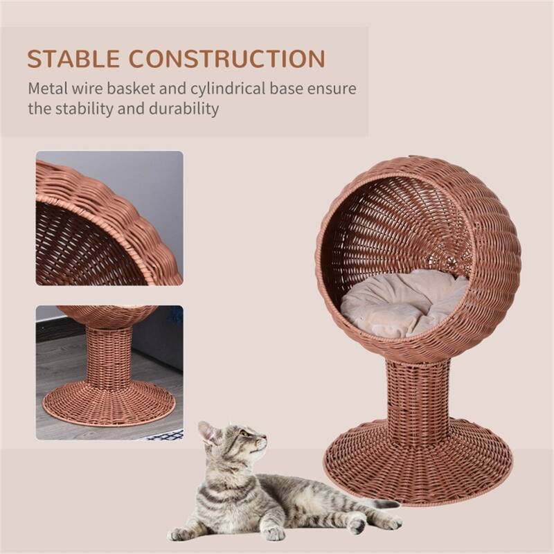 Rotating Cat Hut with Plush Bed Elevated Cozy Hideaway for Cats Up to 10 lbs Brown Portable