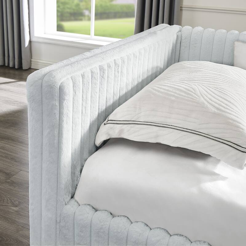 Twin Size Daybed, Upholstered sofa bed,The bottom pulls out to form a bed ,Striped corduroy fabric- Light grey(86"*43.5"*34")