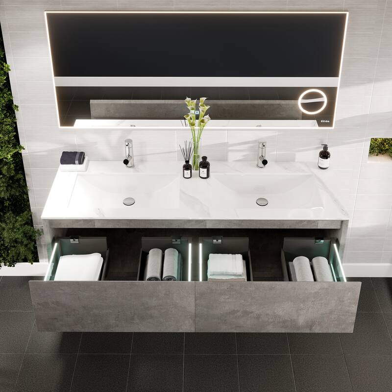 Eviva Aurora 60" Concrete Gray Wall Mount Bath Vanity with Carrara Quartz Top