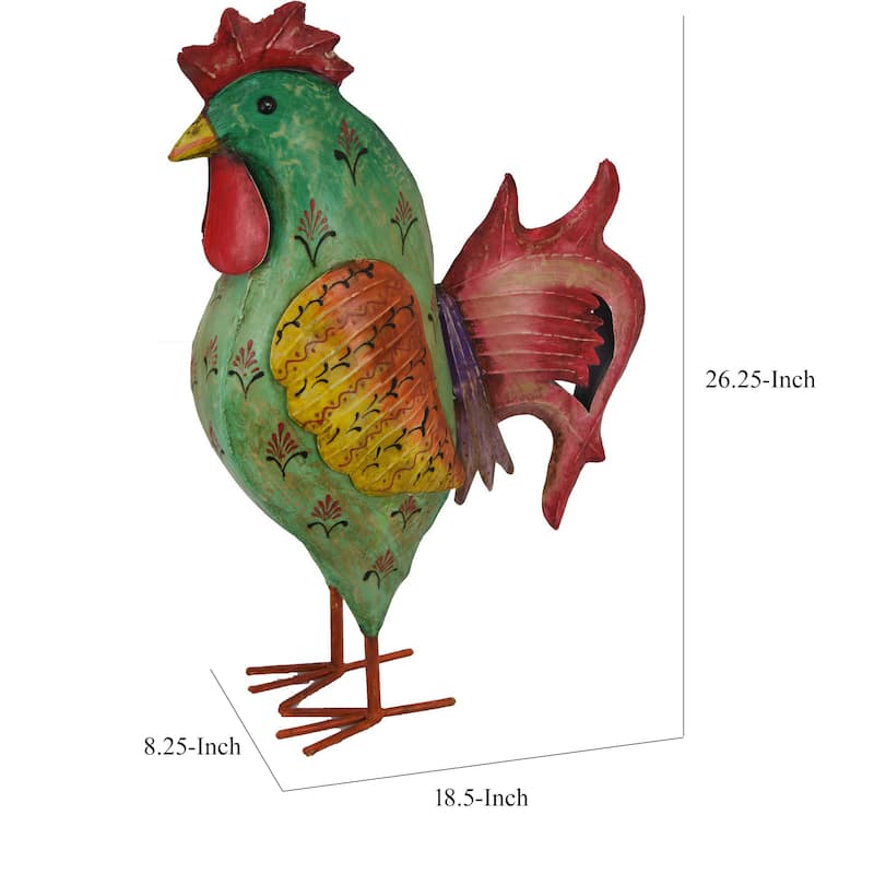 Rookie Painted Rooster, Garden Decor, Green Red Yellow Metal, 26 Inch