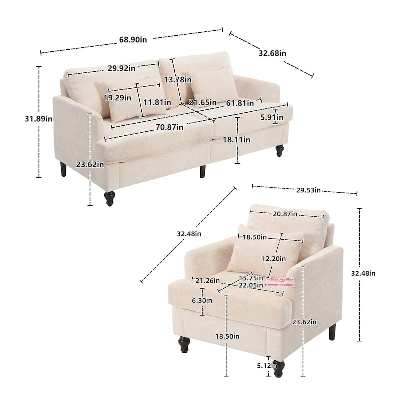 HOMEFUN Chenille Upholstered Wood Frame Loveseat with Armchair for Living Room