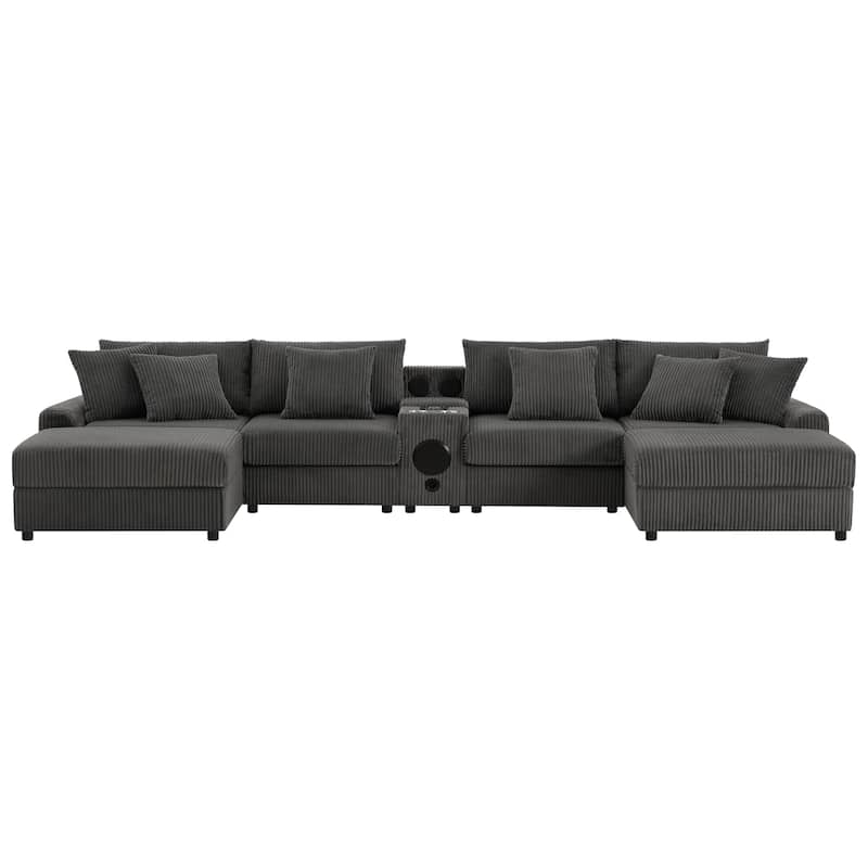 U-Shaped Cloud Corduroy Sectional Sofa with Console, Cup Holders, Bluetooth Speakers, Charging, Storage Ottoman, Deep Seats Sofa