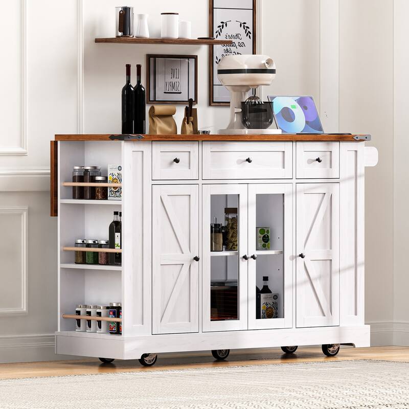 Rolling Kitchen Island with Two Tempered Glass Cabinet Doors & 3 Drawers, Kitchen Cart with Drop Leaf & 5 Open Side Racks