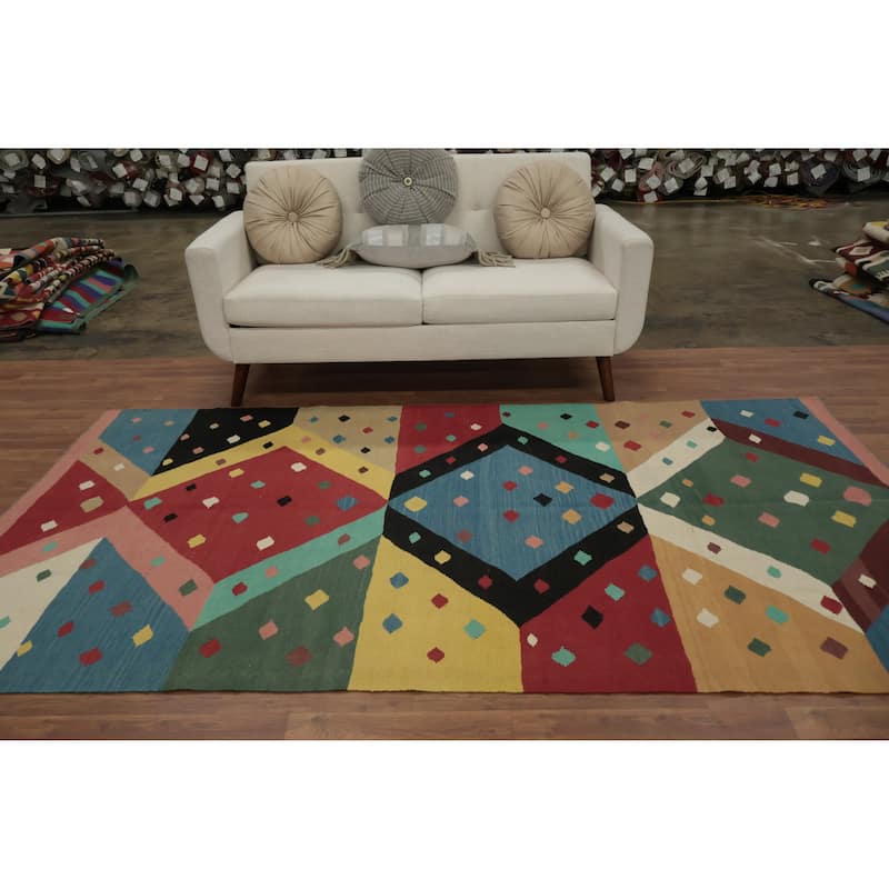 Hand Woven Oriental 100% Wool Carpet Southwestern Modern Multi-Colored Kilim Area Rug - 8' 10'' X 4' 11''
