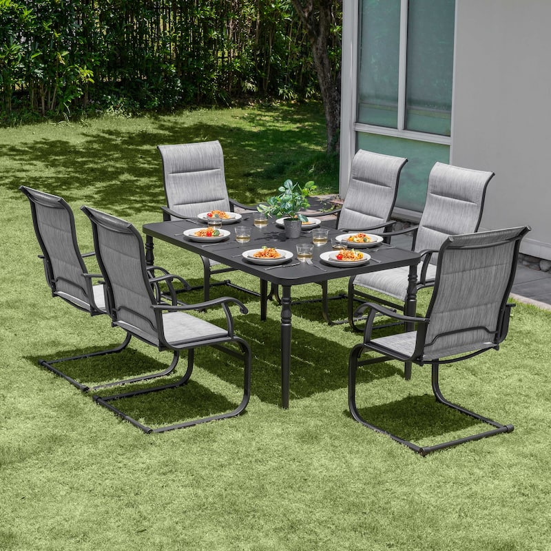 Patio 7-Piece Textilene Dining Set, C-Spring Chair Legs and Umbrella Hole