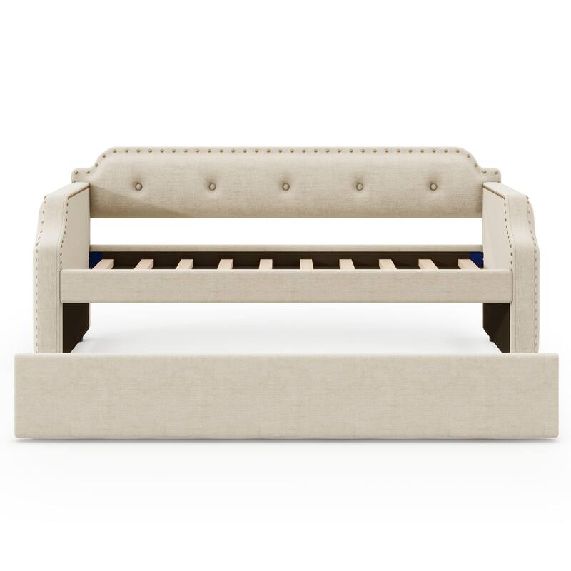 Twin Size Upholstered Sofa Daybed with Trundle, Wood Slat Support, Linen Frame, Perfect for Small Living Spaces and Guest Rooms