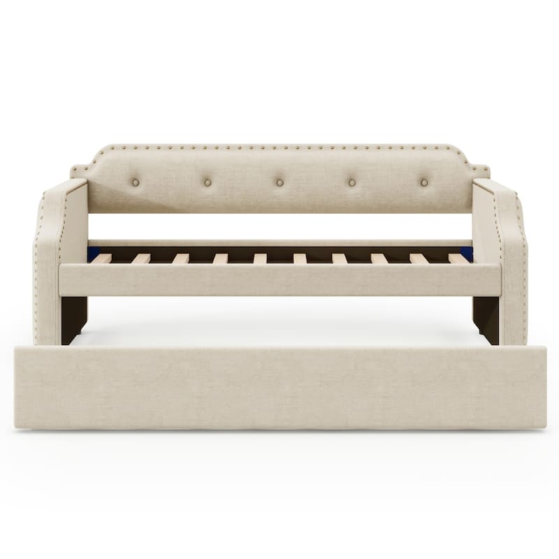 Upholstered Daybed With Trundle, Wood Slat Support,Upholstered Frame Sofa Bed