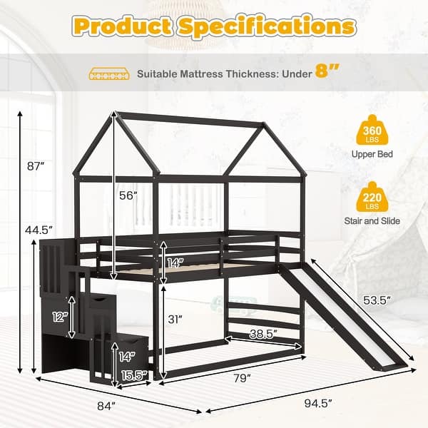 dimension image slide 1 of 3, Twin over Twin Bunk Bed with Slide and 2-Step Storage Staircase