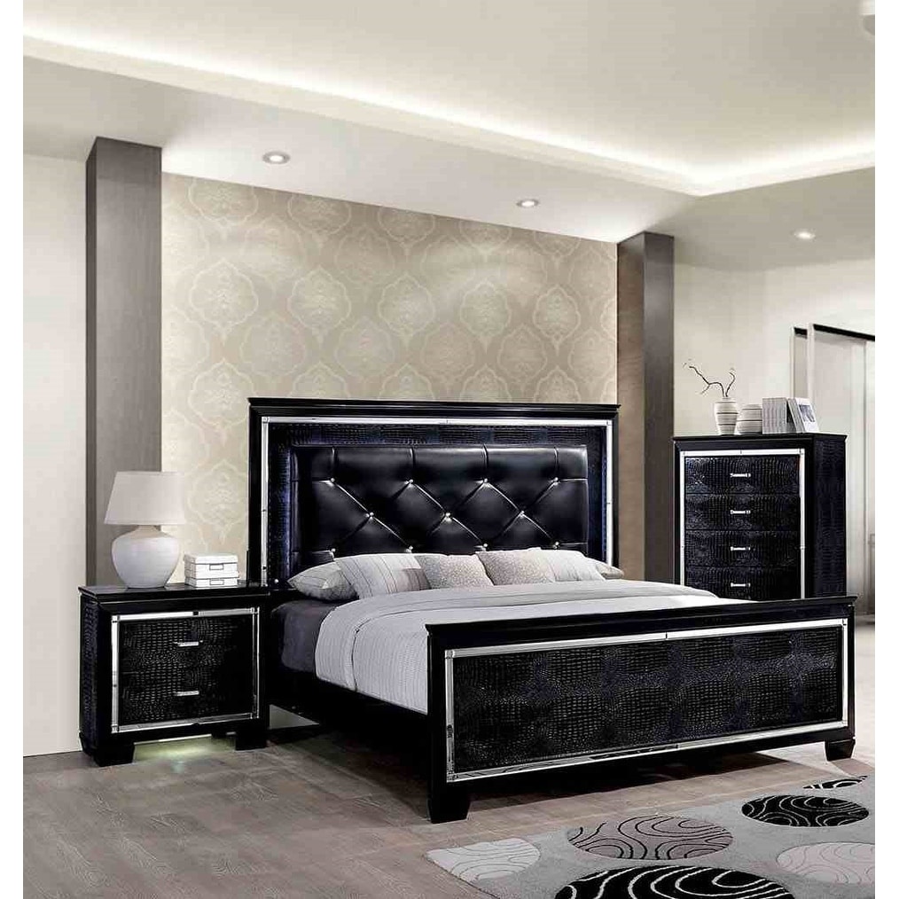 Contemporary Black 3pc Bed Chest Nightstand Designer Bedroom Set
