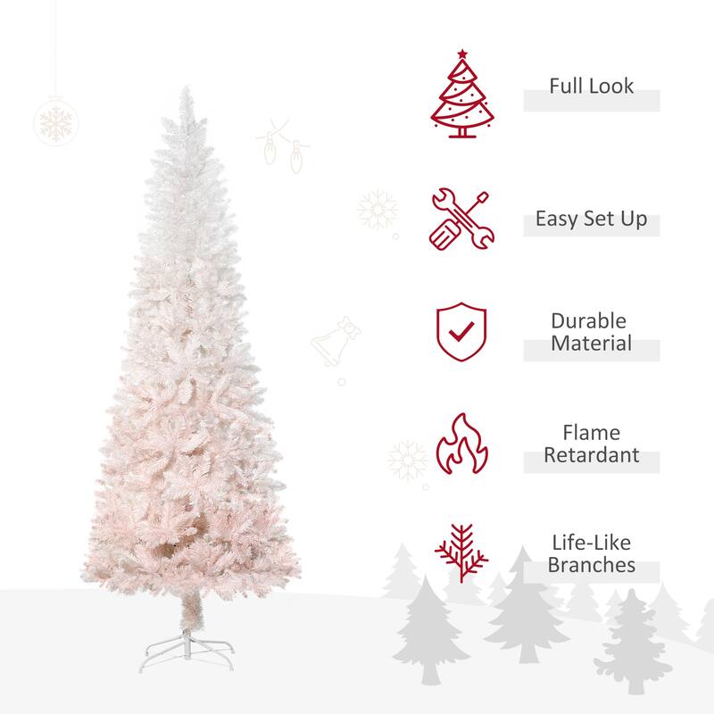 6ft/7ft Unlit Pencil Christmas Tree with White and Pink Gradient, Slim Design for Small Spaces