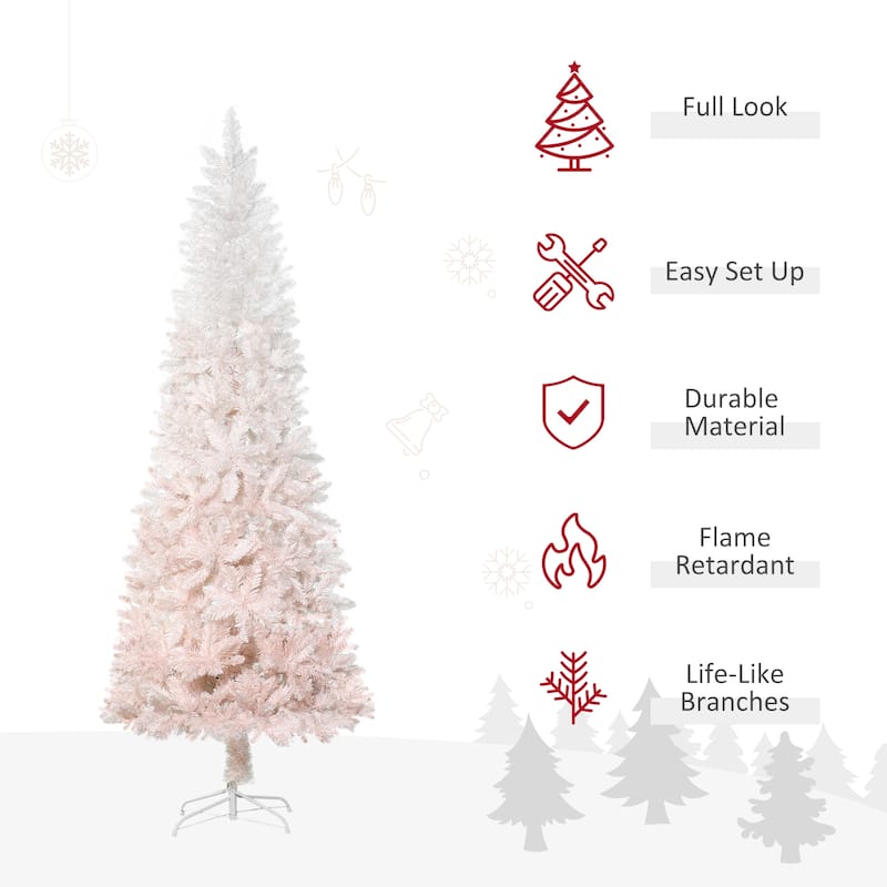 Unlit 6ft/7ft Artificial Pencil Fir Christmas Tree with Gradient White to Pink Design and Steel Base