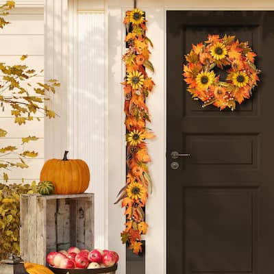 Glitzhome Fall Maple Leaf Sunflower Garland & Dahlia Pumpkin Wreath