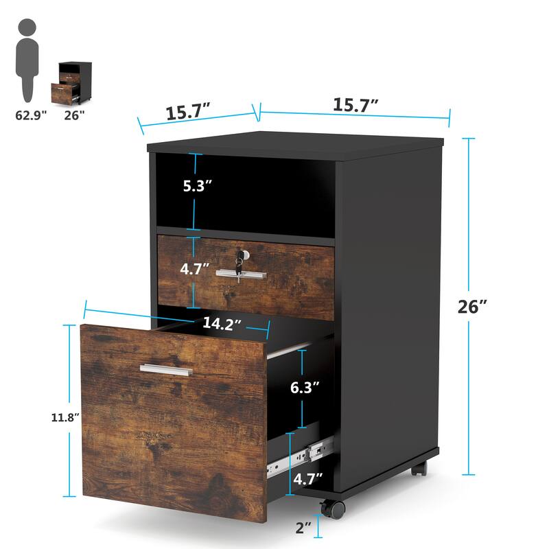 2 Drawer Mobile File Cabinet with Lock, Wood Modern Filing Cabinet
