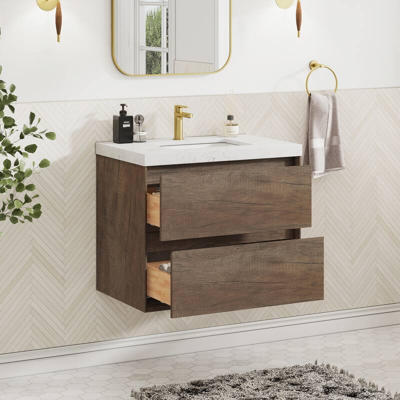 Sylphar 30 inch Bathroom Vanity with Sink, Floating Oak Cabinet with Stone Top