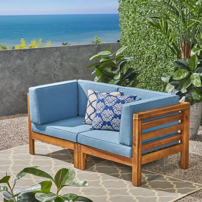 Roomfitters Outdoor 2-Piece Loveseat Set with Acacia Wood Frame and Weather-Resistant Cushions - Blue