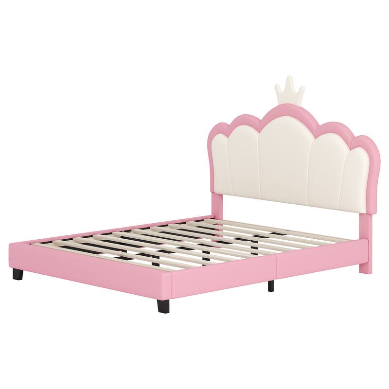 Full Size Upholstered Princess Bed with Crown Headboard and Footboard in Cream and Pink