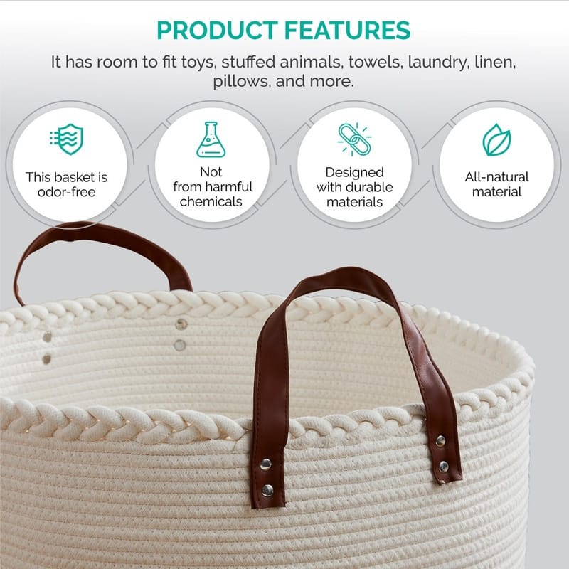 Large Round Cotton Rope Storage Basket Laundry Hamper with Leather Handles, 21 x 21 x 14 - 21" x 21" x 14"