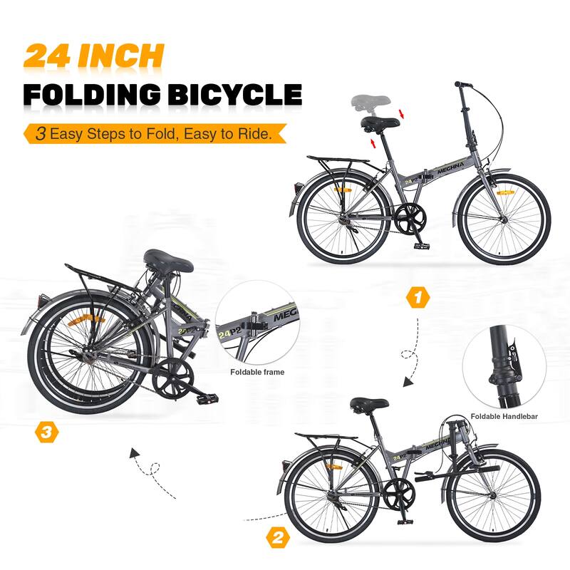 Folding City Commuter Bike - Steel Frame, Single Speed, Fenders, Dual V-Brake, Portable - 24