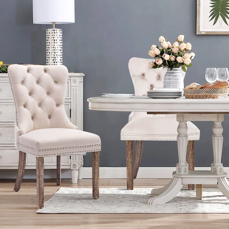 Set of 2 Modern Velvet Dining Chairs – Upholstered Side Chairs with Nailhead Trim and Solid Wood Legs for Kitchen & Dining Room - Beige