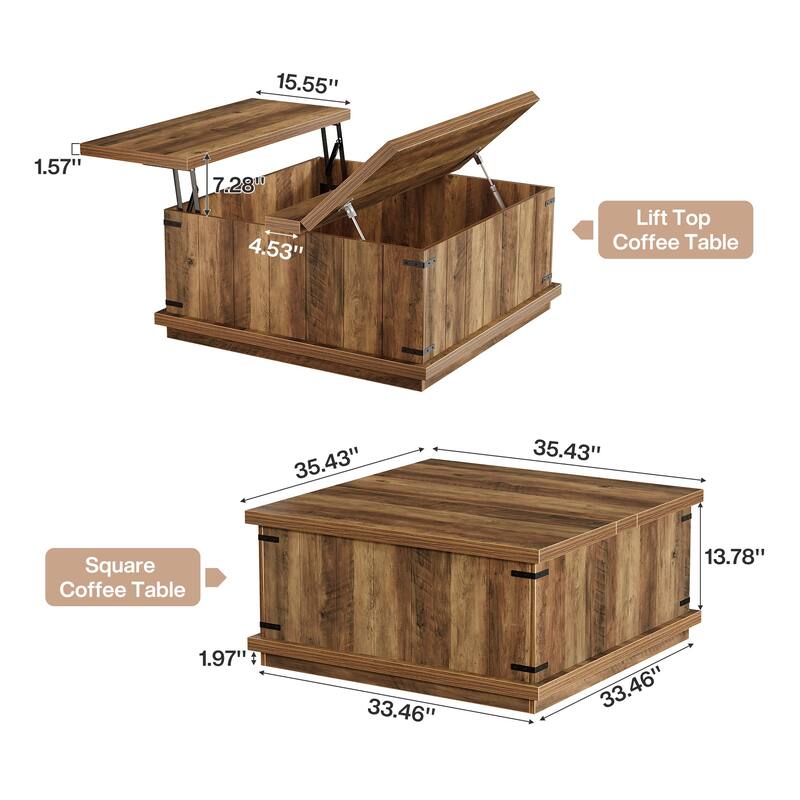Farmhouse 33.46" Lift Top Square Coffee Table with Hidden Storage - 33.46"D x 33.46"W x 19.7"H