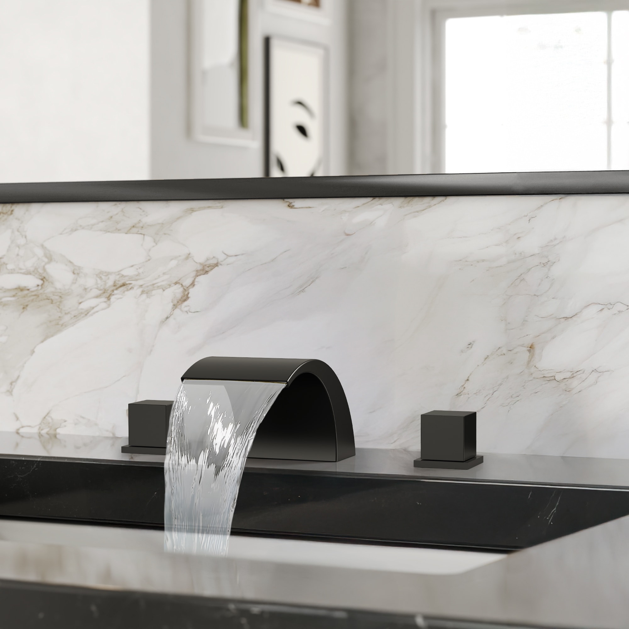 Widespread Bathroom Faucet 3 Hole, 2-handle Waterfall Sink Faucet with Drain Assembly and Overflow