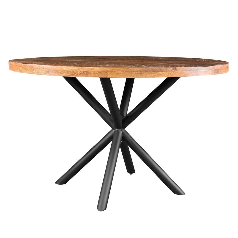 Round Dining Table 48 Inch - Solid Mango Wood Table with Iron Base for Dining or Kitchen Spaces