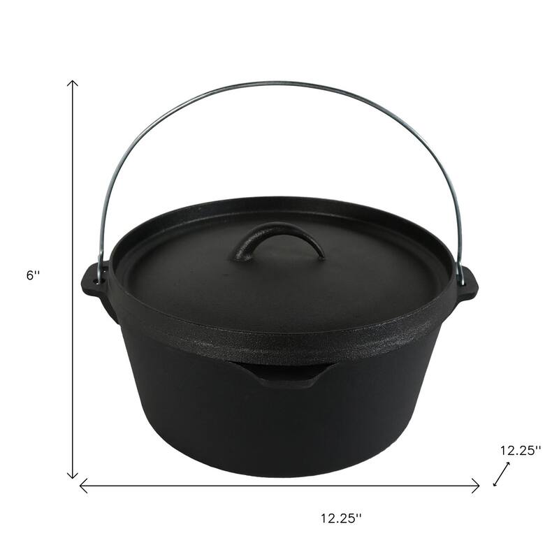 HomeRoots 12" Black Cast Iron Dutch Oven Stock Pot - 12.25 in. x 6.00 in. x 12.25 in.
