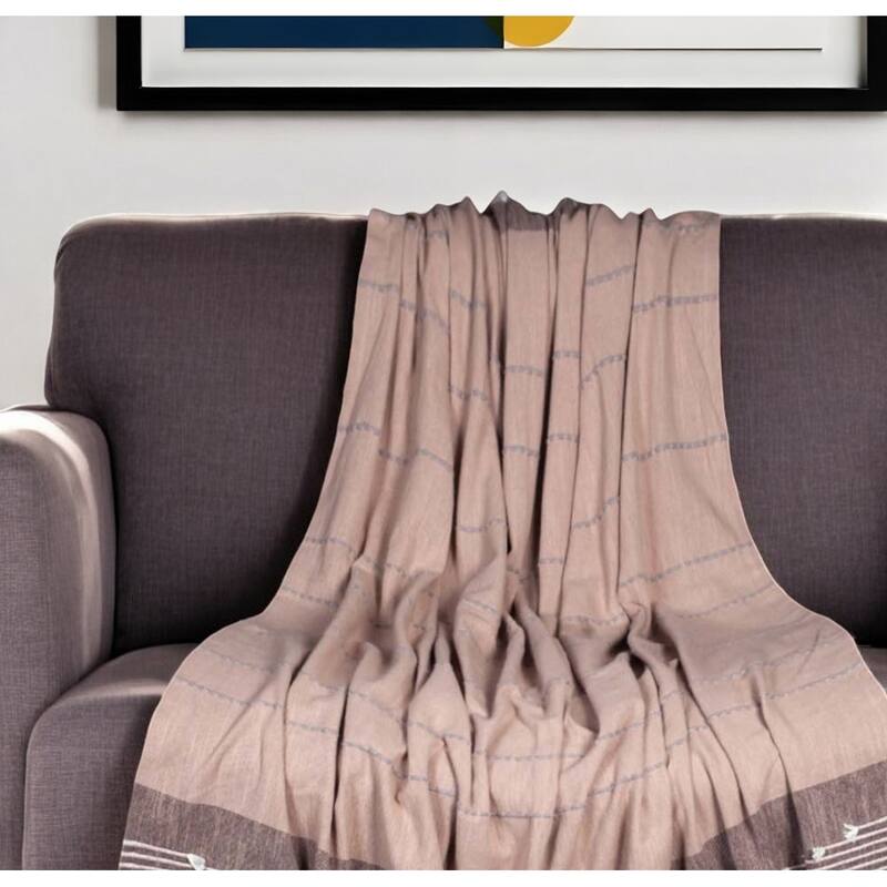 HomeRoots 50" X 60" Taupe and Gray Woven Cotton Striped Throw Blanket with Fringe - Throw - Beige and Brown