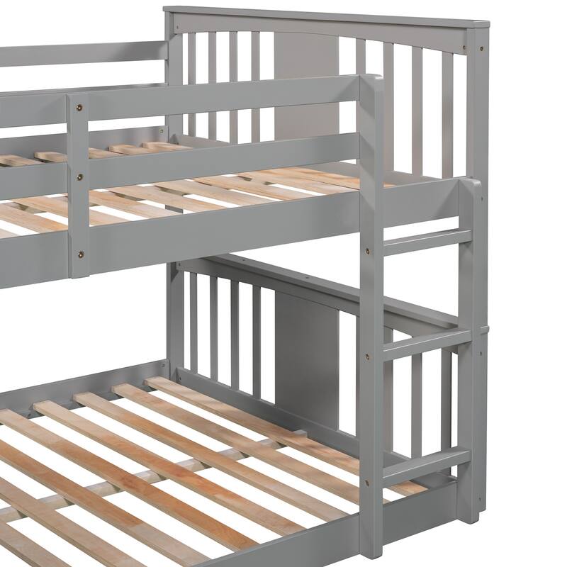Full Over Full Bunk Bed w/Ladder, Solid Wood Bunk Platform Bedframe with Full Length Guardrail & Headboard, No Spring Box Needed