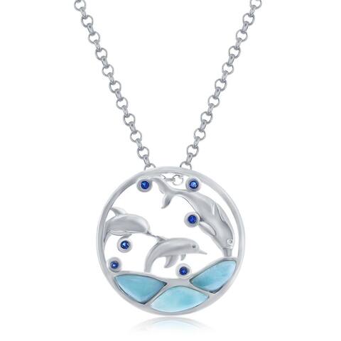 La Preciosa Devine Dolphin Natural Larimar Gemstone with Created Sapphire 18 Round Pendant Necklace