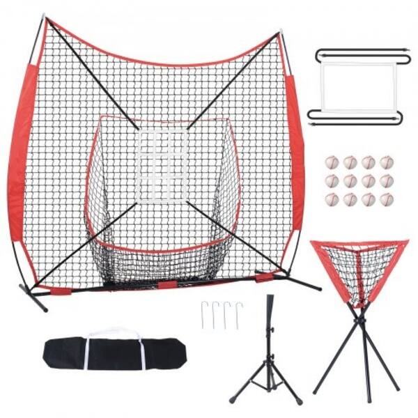 slide 2 of 12, Portable 7x7 Baseball Training Net for Hitting, Pitching, Catching White-Red