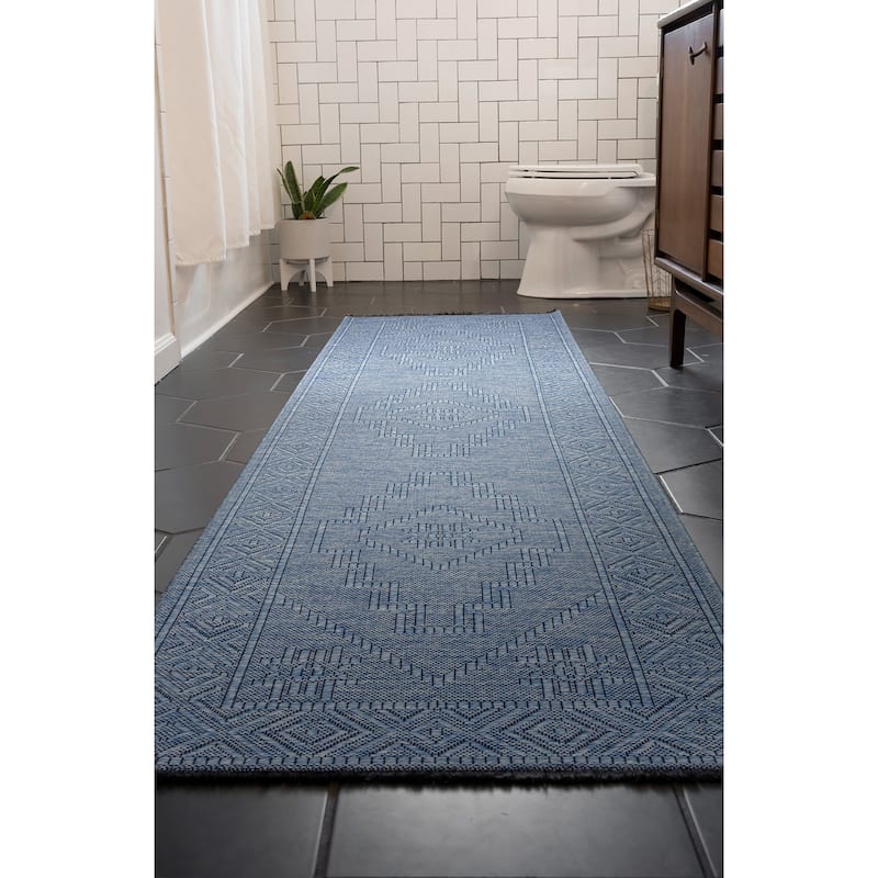 Alameda Solid Color Medallion Machine Washable Indoor Area Rug - 2'3'' x 7'7'' - Blue/Azure Blue
