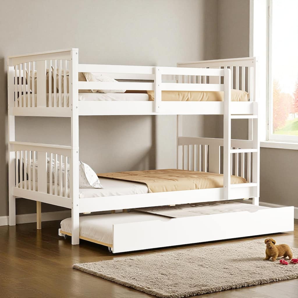 Full over Full Wood Bunk Bed with Storage Drawers and Ladder, Convertible Beds with Guardrails for Bedroom or Guest Room