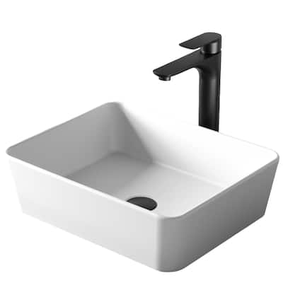 Karran Quattro Matte White Acrylic 18 in. Rectangular Bathroom Vessel Sink with Faucet and drain in Matte Black