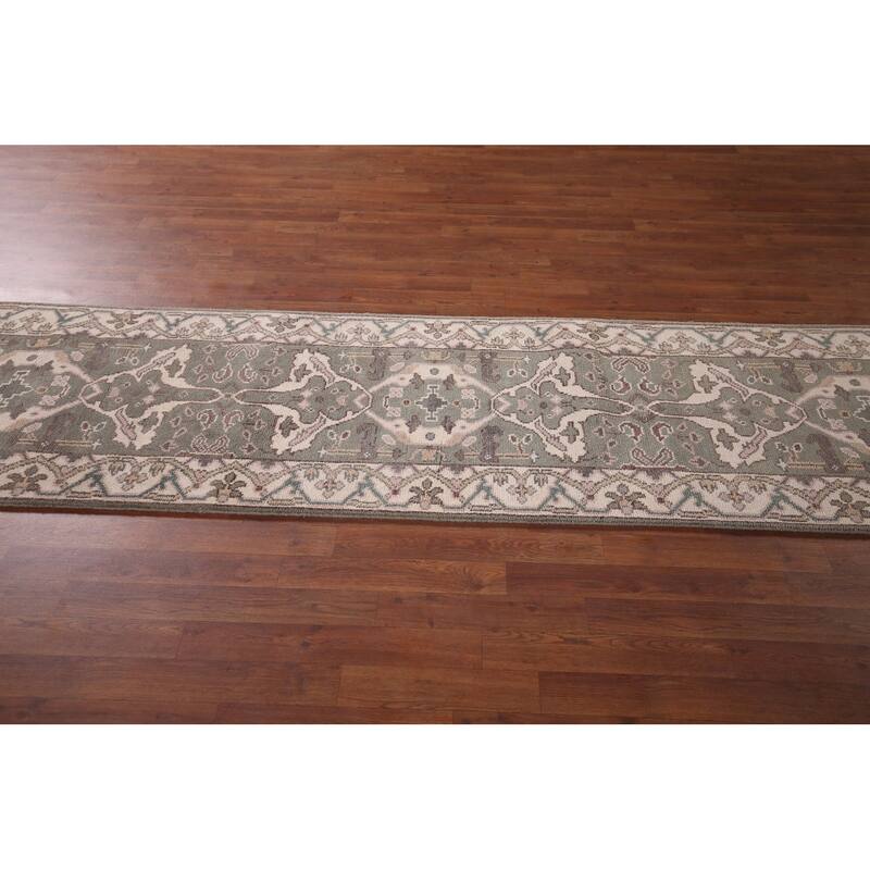 All-Over Green & Ivory Oushak Oriental Runner Rug Handmade Wool Carpet - 2'7"x 9'11"
