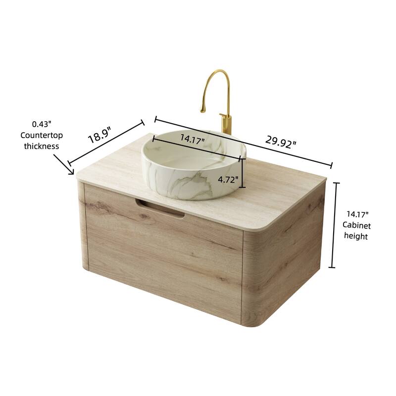 Floating Bathroom Vanity with Round Sink, Wall-Mounted Bathroom Storage Cabinet with Roma Travertine-Pattern Sintered Stone Top
