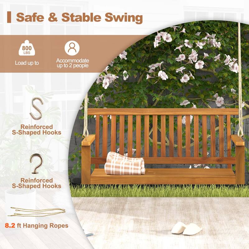 2-Seat Porch Swing Bench Acacia Wood Chair with 2 Hanging Hemp Ropes