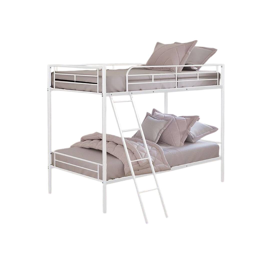 Cet Twin Over Twin Bunk Bed, White Metal Frame, Attached Angled Ladder