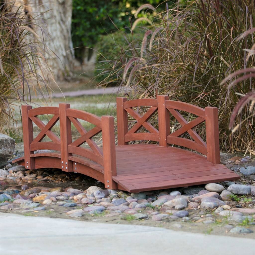 Daily Boutik Outdoor 6-Ft Garden Bridge with X-Design Rails in Red Stained Acacia Wood